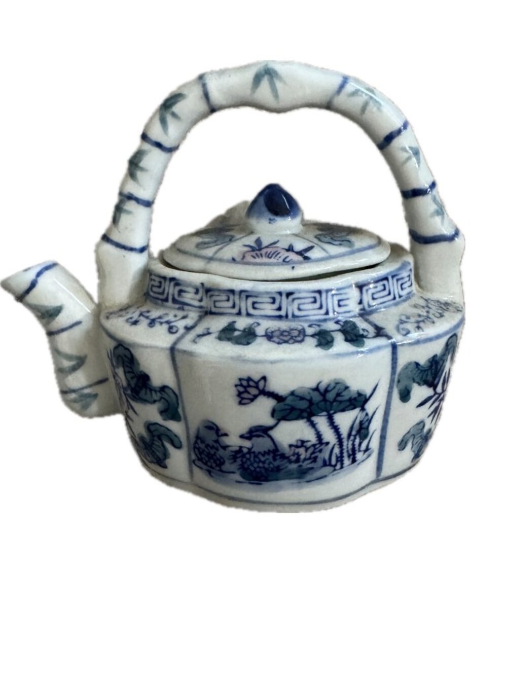 Asian Ceramic Teapot Small Bamboo Shaped Handle Bird Motif